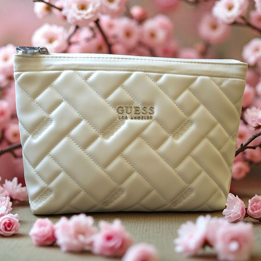 NWT Guess Kelce Travel Cosmetic Bag Cream Color Makeup Toiletry Pouch Organizer